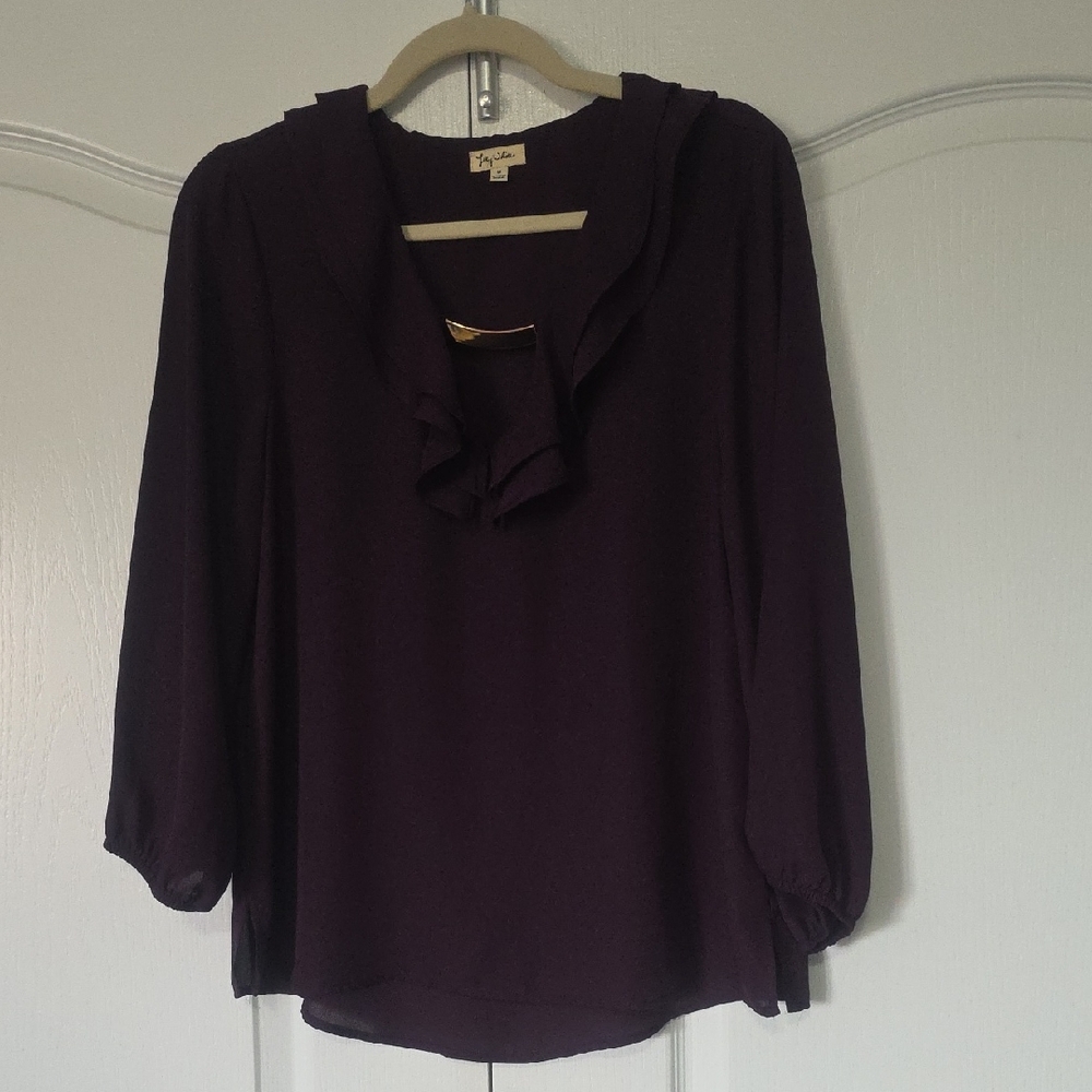 Lily White Purple Ruffled 3/4 Sleeve Blouse